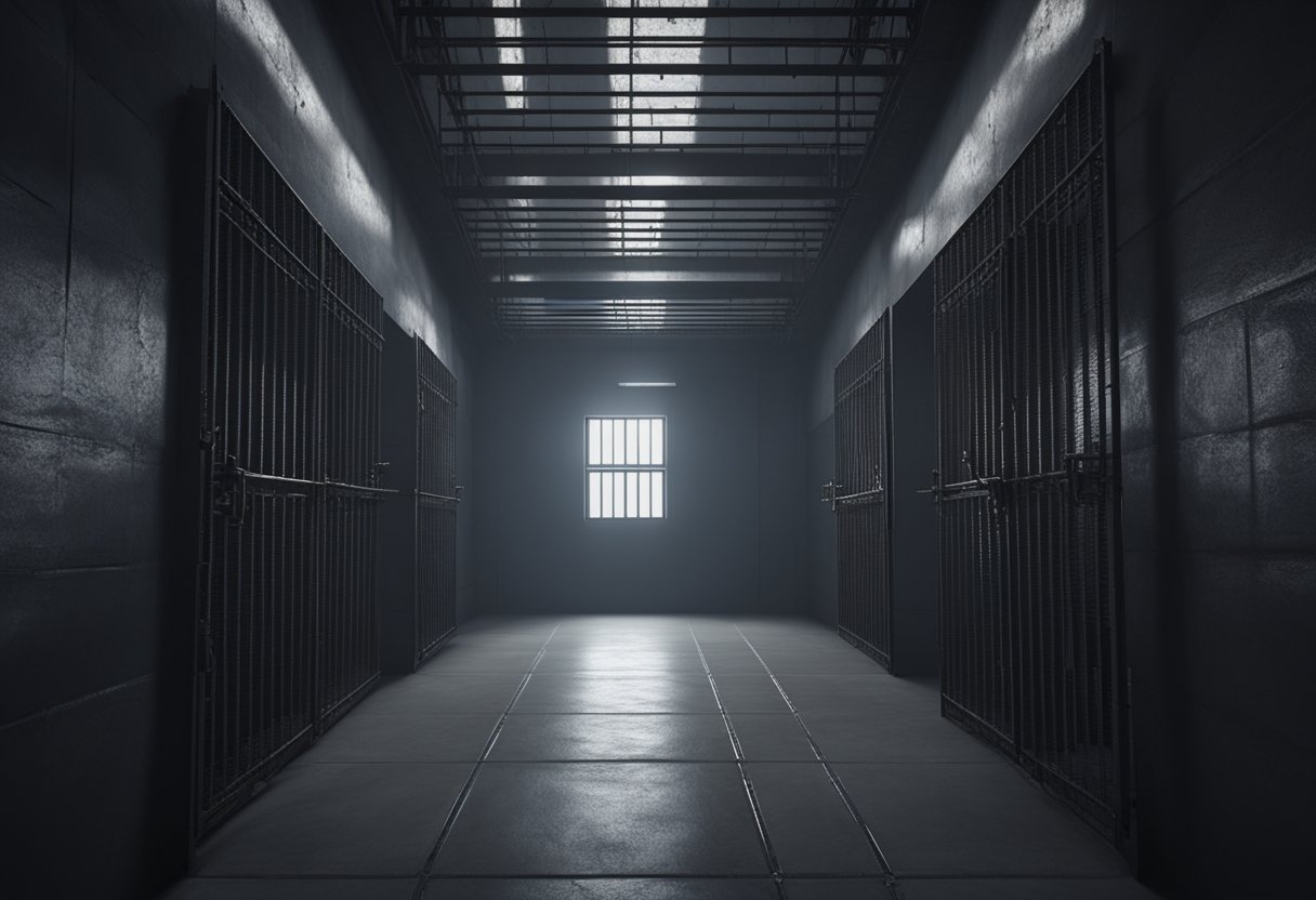 A dark, isolated prison cell with barred windows and a heavy metal door, surrounded by high walls and razor wire